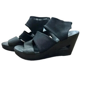 Eileen‎ Fisher Rally 2 Stretch Black Leather Cut Out Wedge Sandal Size US 10